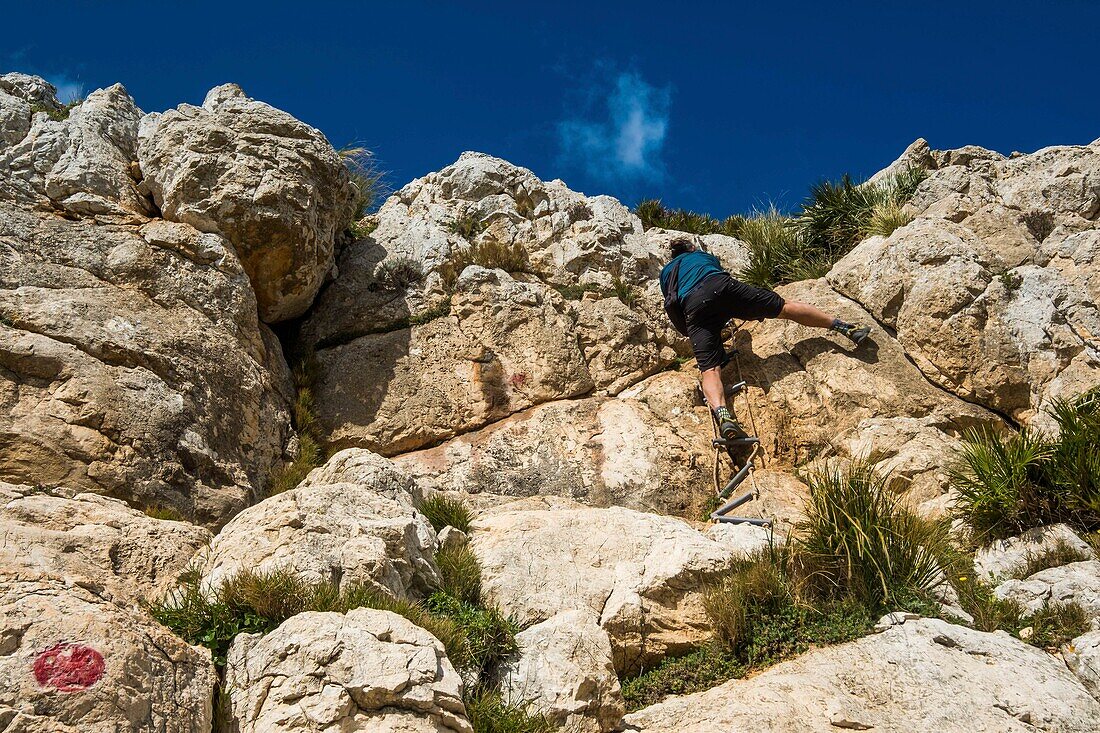 Italien, Sizilien, Cornino, Monte Cofano, 659 m, Schlüsselstelle beim Klettern oder kleiner Zugang zum Gipfelgrat