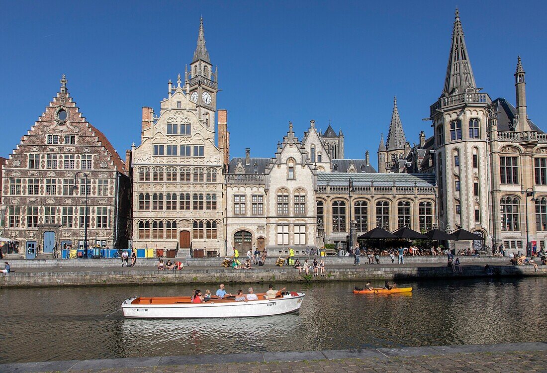 Belgium, East Flanders, Ghent, Graslei (Quai aux Herbes), along the Lys, tourist boats and rich old houses that housed commercial guilds