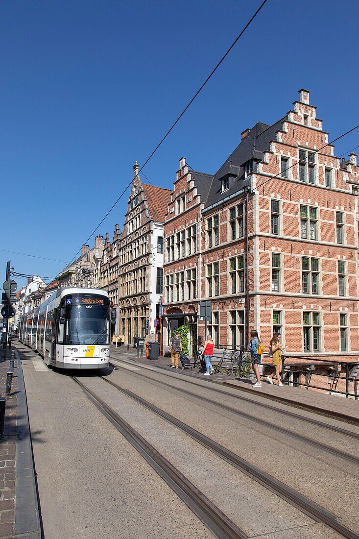 Belgien, Ostflandern, Gent, Fassaden traditioneller flämischer Häuser in der rue du Château (Burgstraat) und Straßenbahn