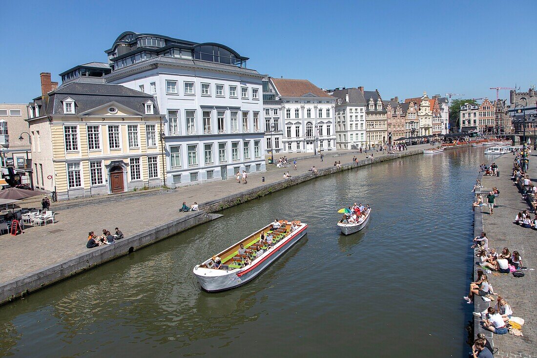 Belgium, East Flanders, Ghent, Korenlei (Quai au Blé), along the river Lys, tourist boats and old houses of baroque and classical style