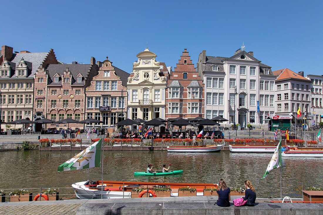 Belgium, East Flanders, Ghent, Korenlei (Quai au Blé), along the river Lys, tourist boats and old houses of baroque and classical style