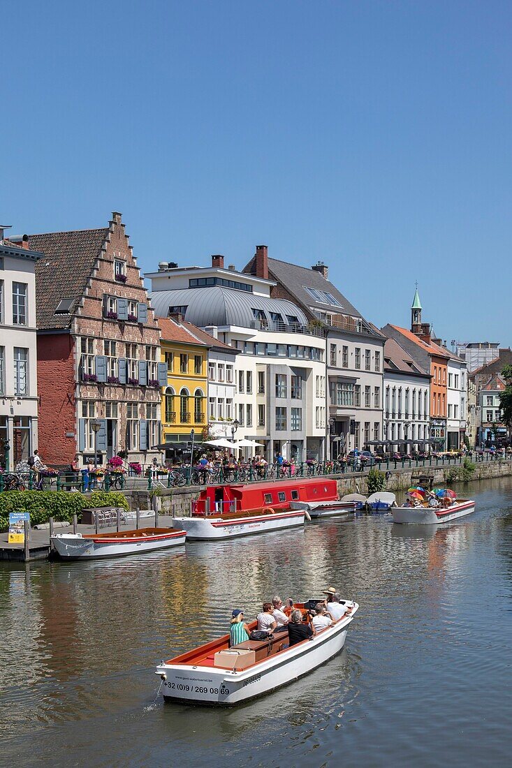 Belgium, East Flanders, Ghent, Kraanlei (Quai de la Grue), along the Lys, tourist boats