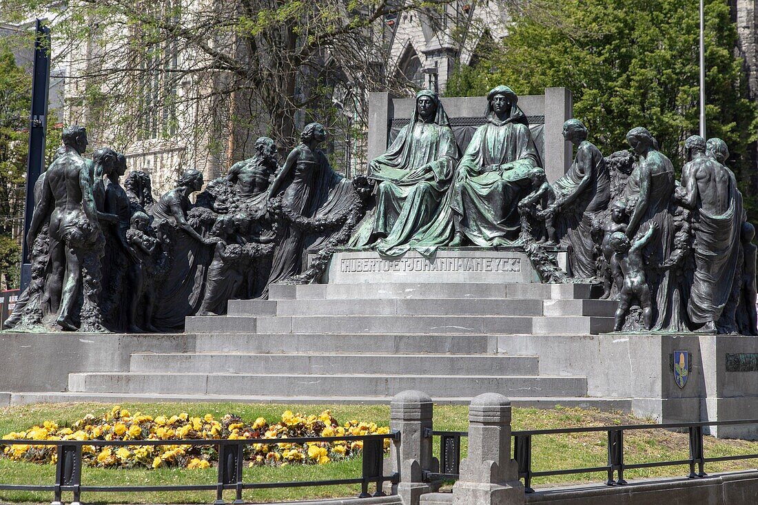 Belgium, East Flanders, Ghent, statues of brothers and painters Van Eyck in front of Saint Bavo Cathedral