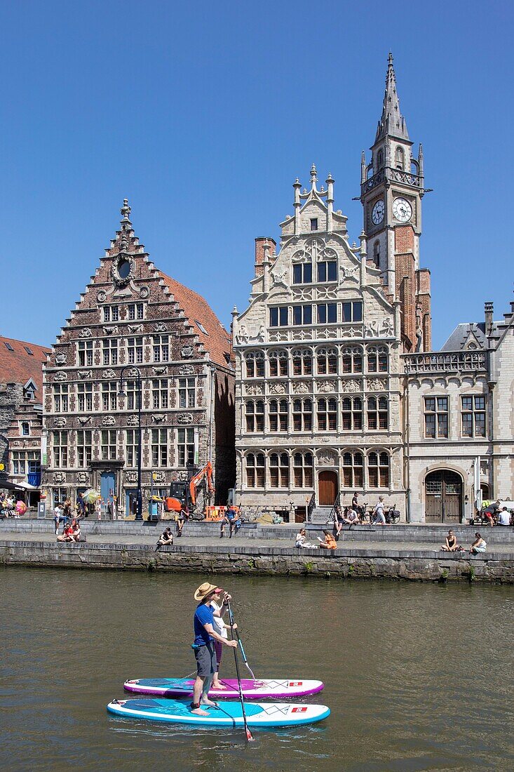 Belgium, East Flanders, Ghent, Graslei (Quai aux Herbes), along the Lys, tourist boats and rich old houses that housed commercial guilds