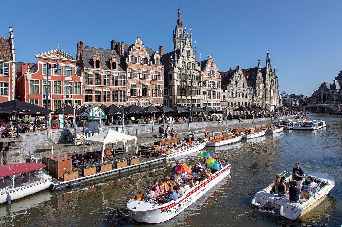 Belgium, East Flanders, Ghent, Graslei (Quai aux Herbes), along the Lys, tourist boats and rich old houses that housed commercial guilds