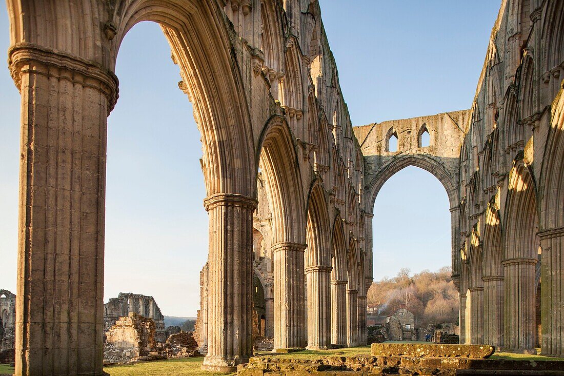 Vereinigtes Königreich, England, Yorkshire, Rievaulx Abbey, Innenansicht bei Sonnenuntergang