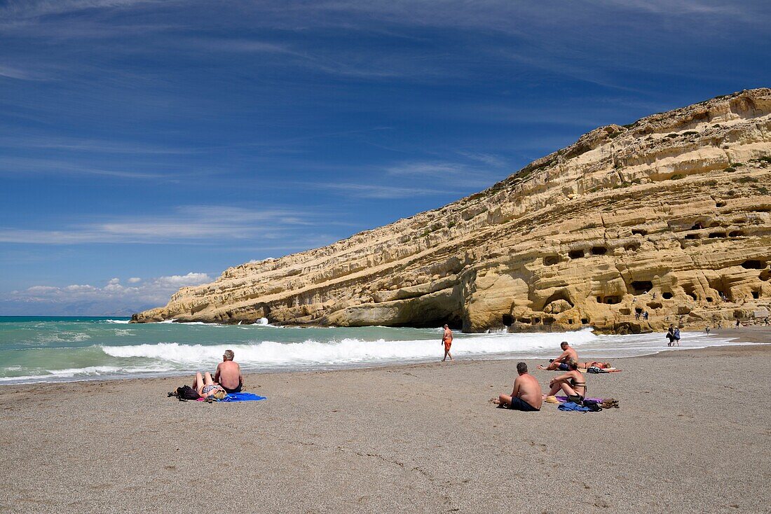 Greece, Crete, Matala, Matala Bay, beach and caves