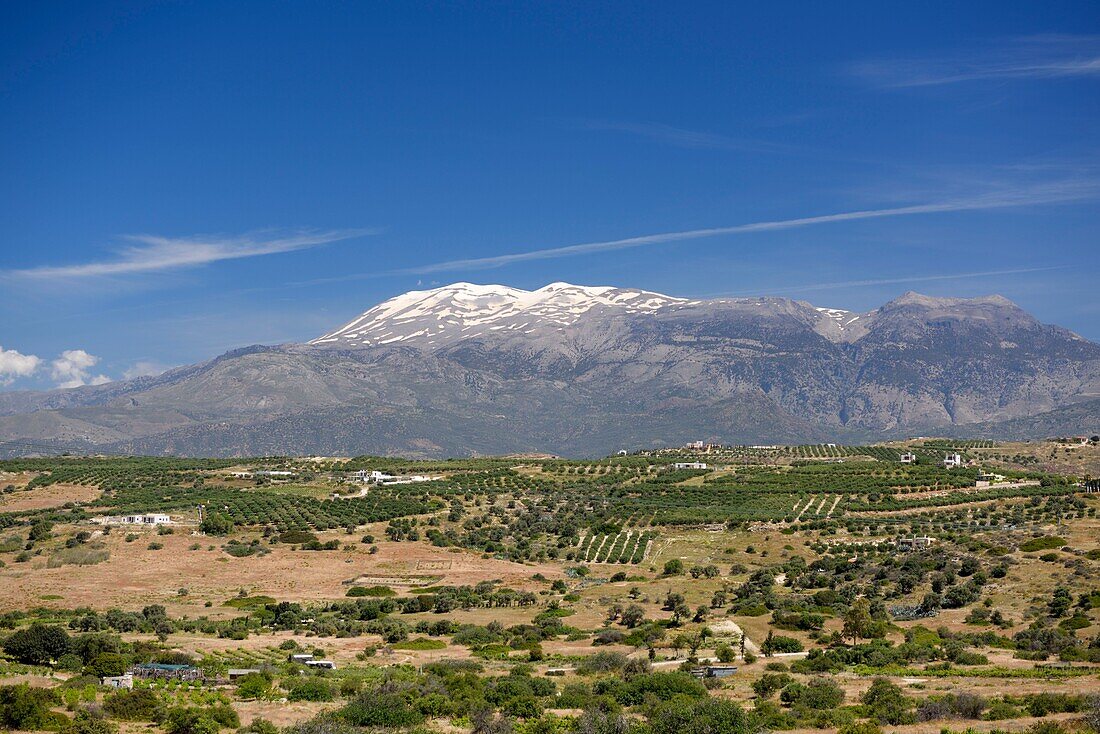 Greece, Crete, Phaistos, view of the plain of Messara and its cultures with Mount Ida (or Mount Psiloritis) 2,456 meters high