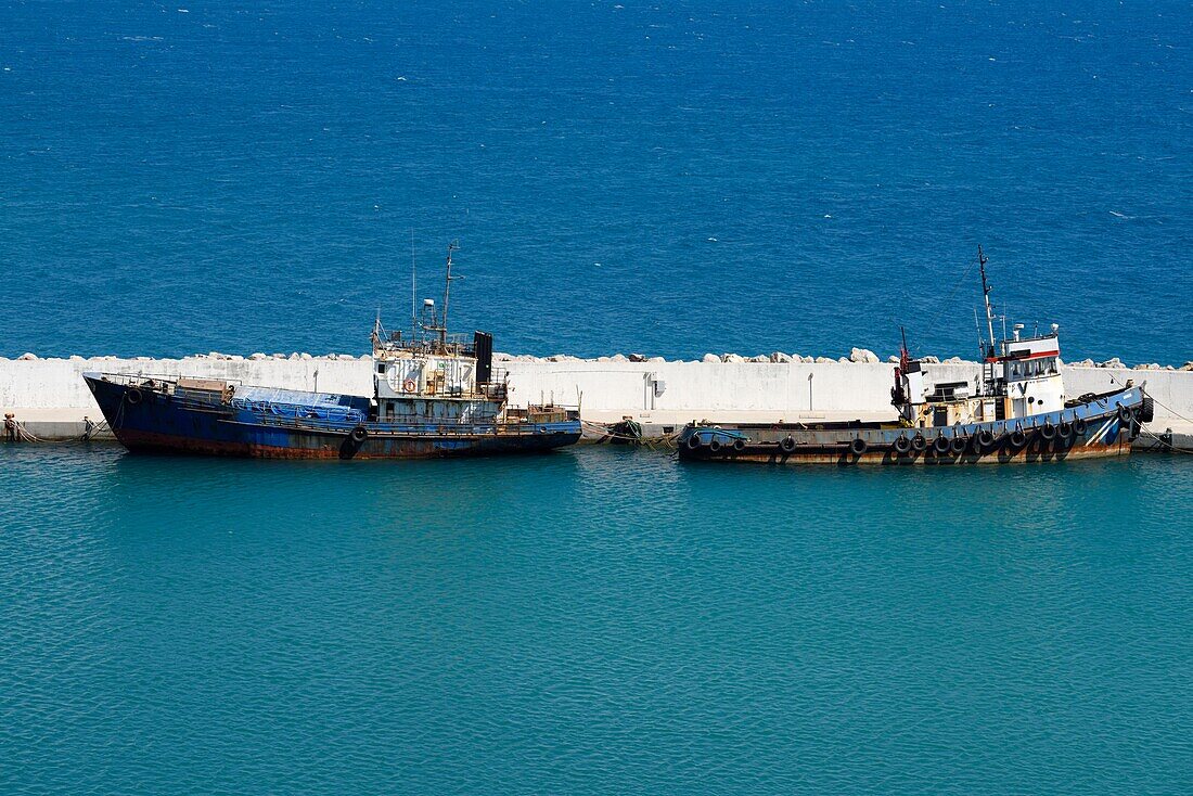 Greece, Crete, Agia Galini, old boats in the harbor