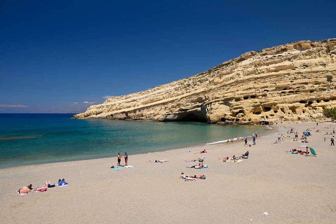 Greece, Crete, Matala, Matala Bay, beach and caves