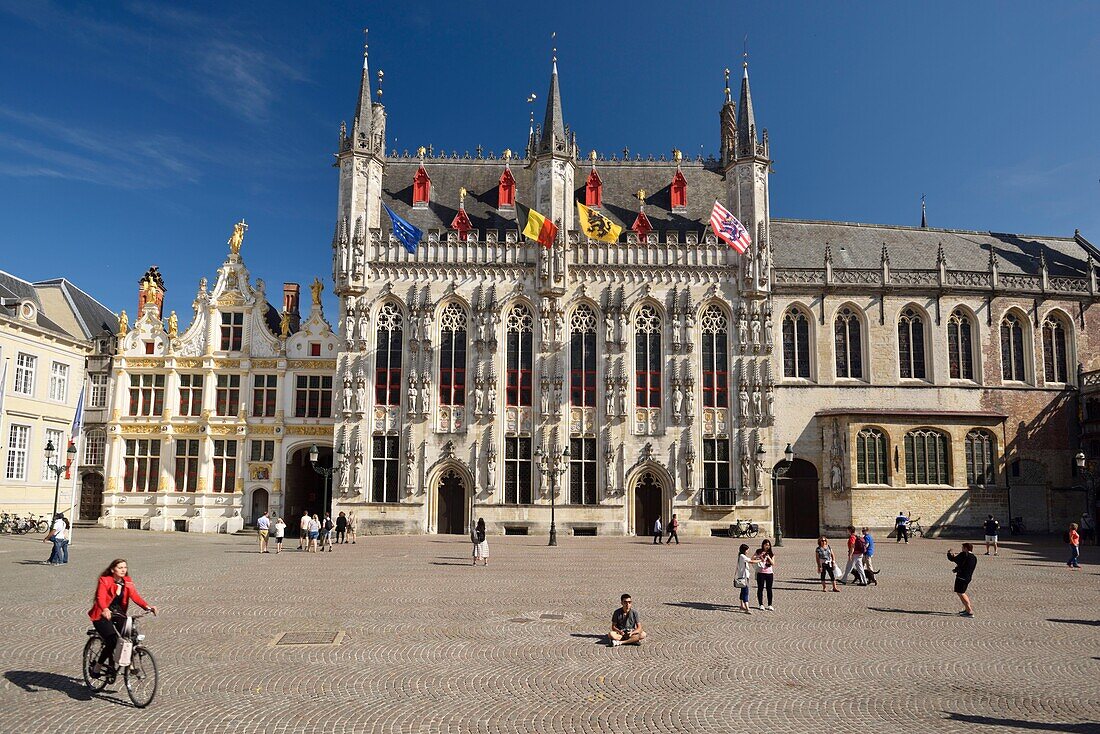 Belgium, West Flanders, Bruges, historical center listed as a UNESCO World Heritage, old town, Stadhuis (Town Hall) and 14th century Gothic stone facade