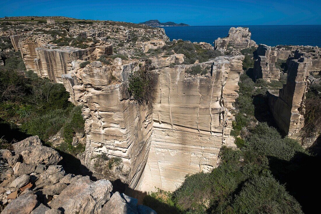 Italy, Sicily, Trapani, Egades archipelago, Favignana, tuff quarries, often transformed in cave dwellings