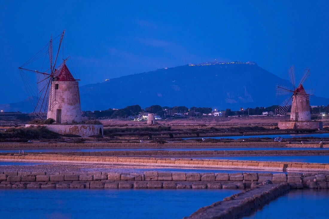 Italy, Sicily, Marsala, Saline Dello Stagnone, salt marshes, windmills