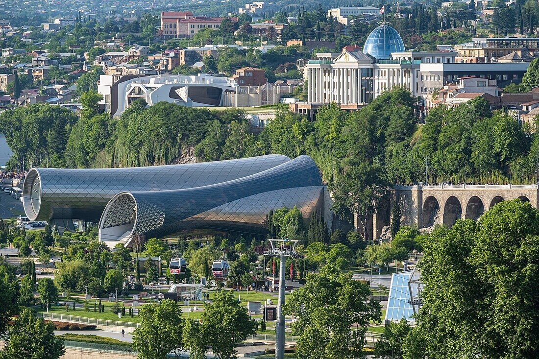 Georgia, Tbilisi, panorama from Narikala fortress, Rike Concert Hall and presidential Palace in the background