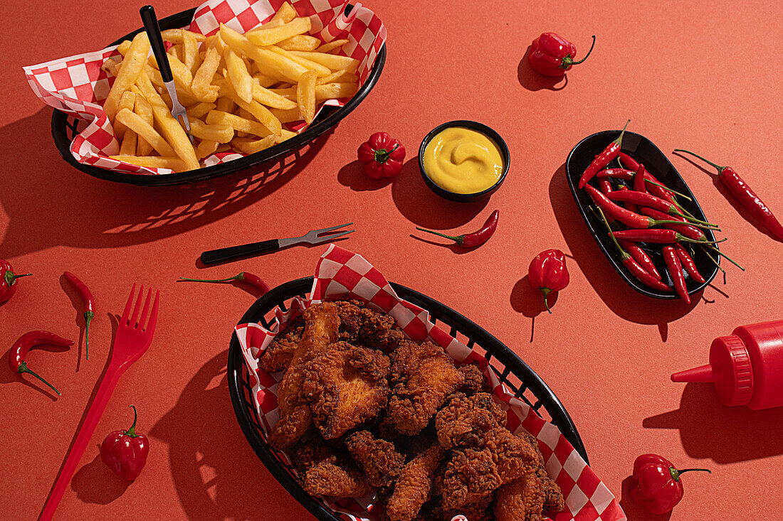 A visually appealing fast food setup featuring crispy fried chicken, French fries in a black bowl, vibrant red chili peppers, and condiments, all showcased on a red background