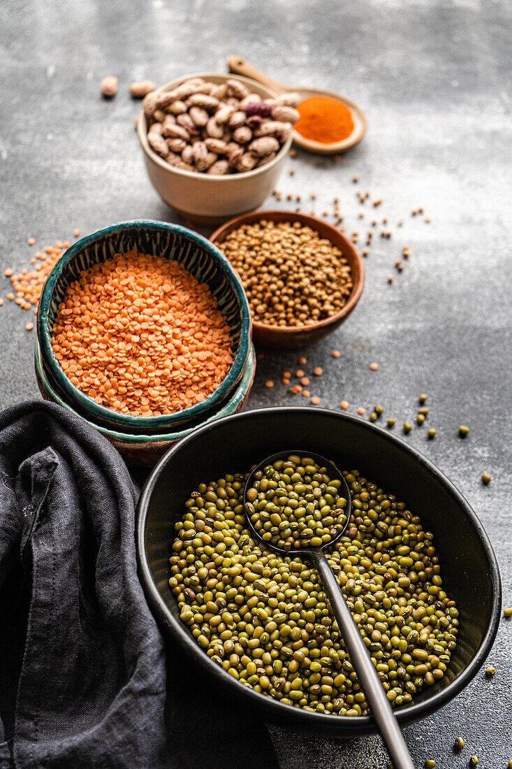 A selection of organic legumes including mung beans, lentils, and mixed beans, artistically displayed in rustic bowls on a textured grey surface, accompanied by a wooden spoon