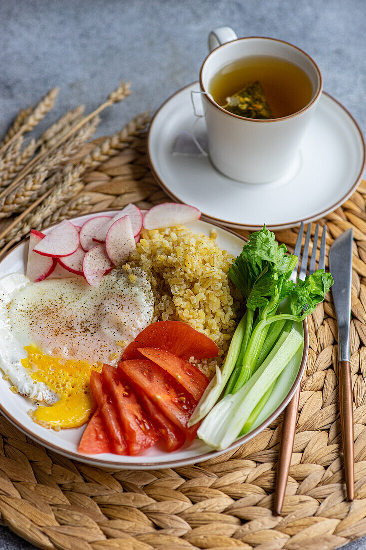 An appetizing plate of sliced radish, tomato, celery, fried egg, and bulgur cereal, paired with a cup of hot tea, styled on a wicker mat.