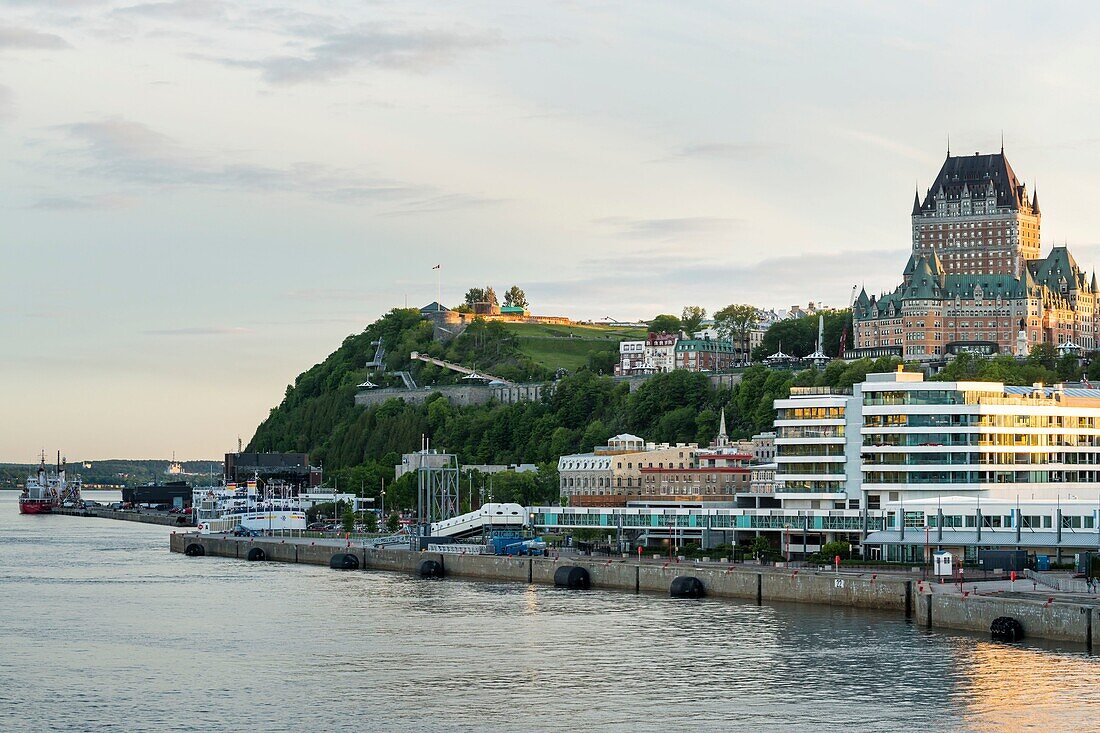 Canada, Quebec, Quebec City, the city and the Chateau de Frontenac at sunset from the docks