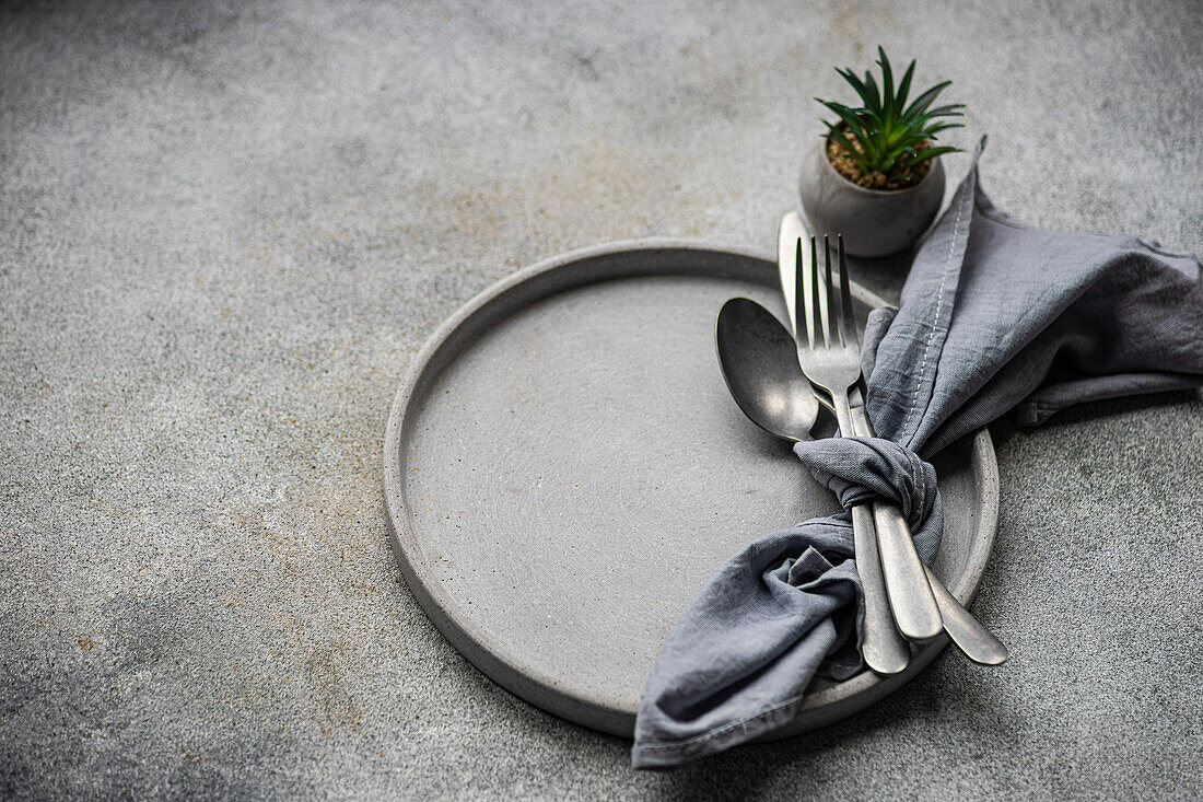 Top view of elegant, minimalist table setting featuring a simple ceramic plate, silver cutlery wrapped in a grey napkin, and a small succulent plant adding a touch of greenery