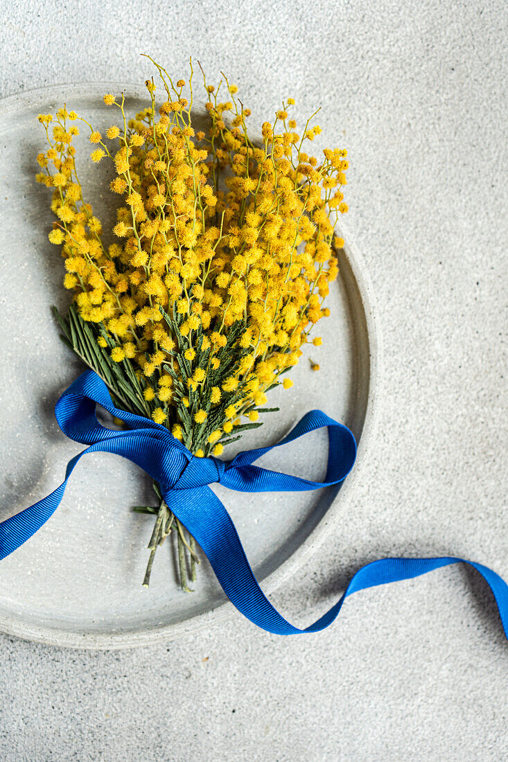 From above of charming mimosa flower sprig bound with a vivid blue ribbon, laid upon a textured table surface, creating a refreshing visual contrast