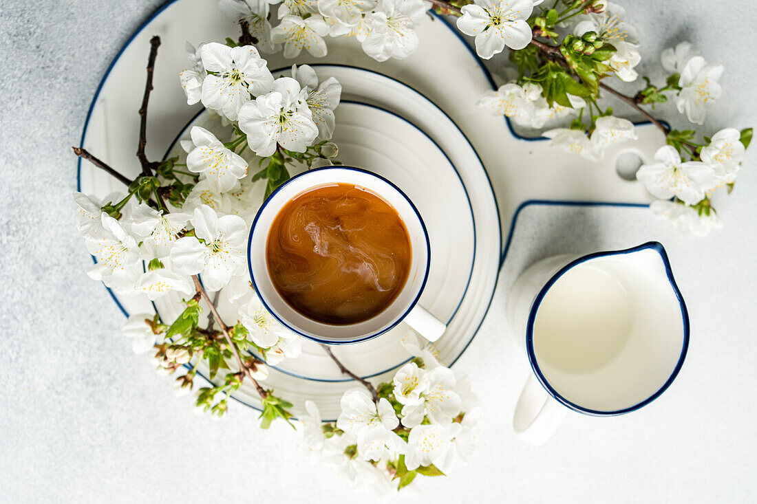 Blick von oben auf eine Tasse Kaffee, umgeben von weißen Frühlingsblüten und einem Milchkännchen, vor einem weißen Hintergrund