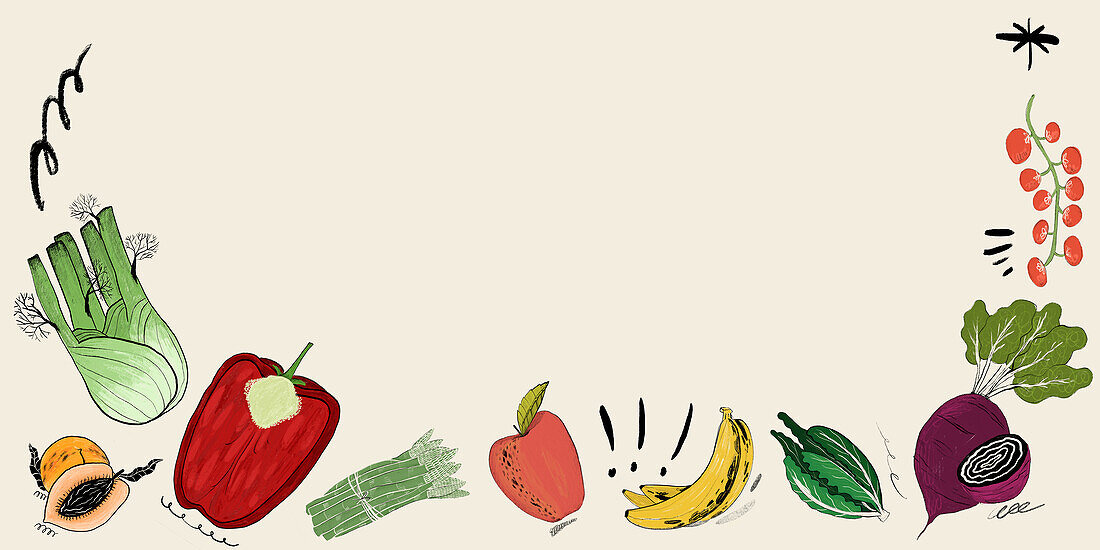 An assortment of hand-drawn colorful fruits and vegetables, including a fennel, bell pepper, acorn squash, leek, apple, bananas, cherry tomatoes, and beet, arranged on a light background.