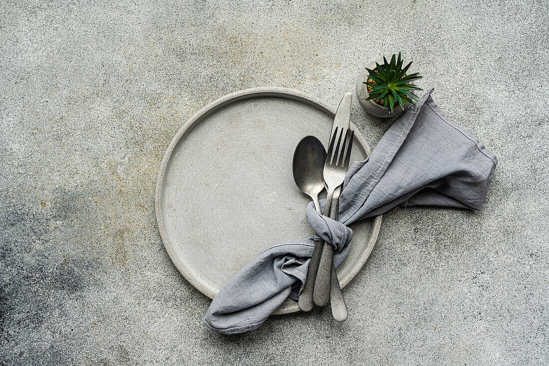 Eleganter, minimalistisch gedeckter Tisch von oben mit schlichtem Keramikteller, silbernem Besteck in einer grauen Serviette und einer kleinen Sukkulente als grüner Akzent