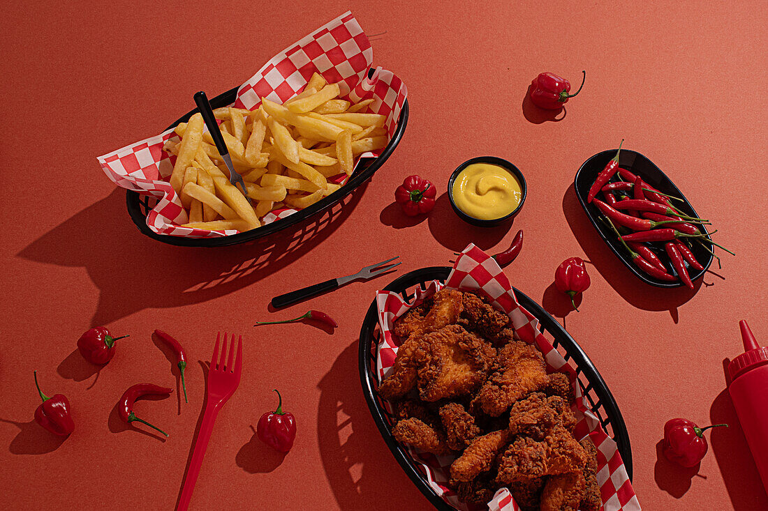 An appealing display of fast food, featuring crispy fried chicken, french fries, and red hot chili peppers artistically arranged on red checkered serveware, accompanied by mustard sauce, all set against a matching red backdrop