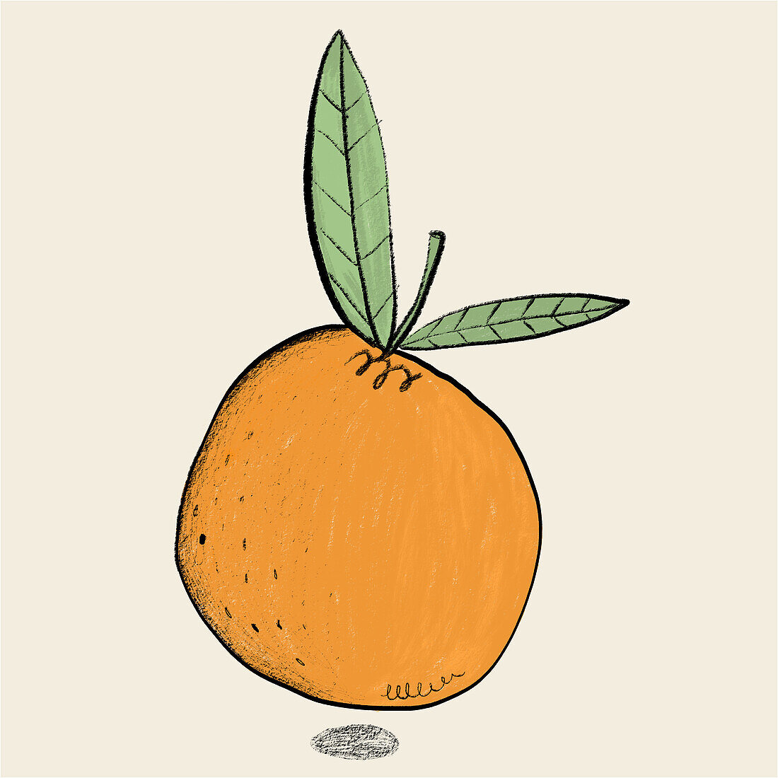 A digitally-created, textured illustration of a bright orange orange with two green leaves, presented on a light background.