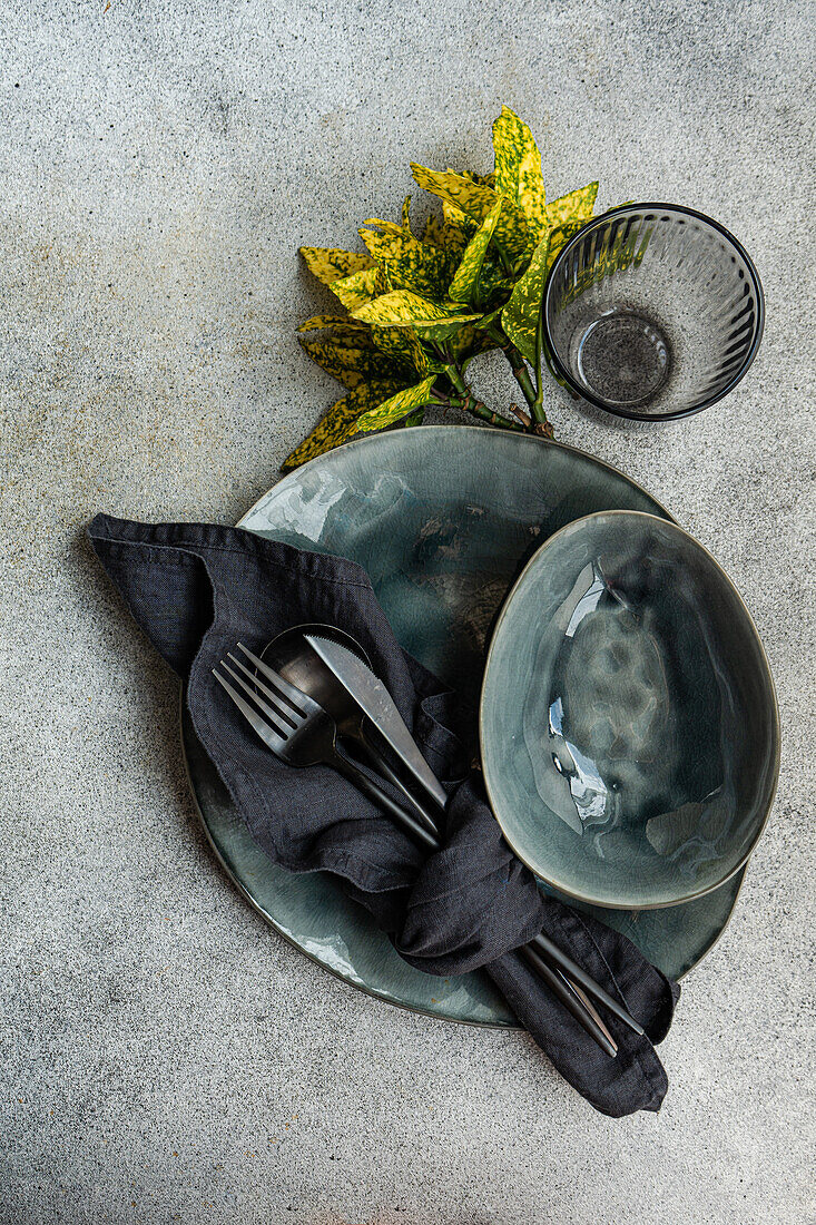 From above view of an elegant table setting featuring bright dinner ceramic plates, black cutlery, and a decorative plant on a textured background.