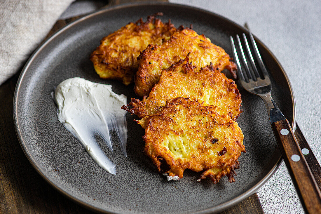 Knusprige, goldgelbe amerikanische Kartoffelpuffer auf einer Schieferplatte mit einem Klecks saurer Sahne daneben, bereit zum Genuss.