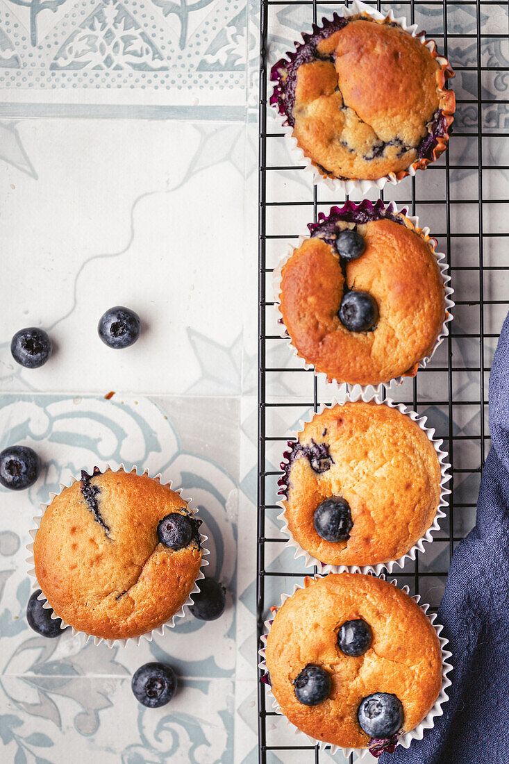 Freshly baked blueberry muffins cooling on a wire rack, displayed over a patterned tile background