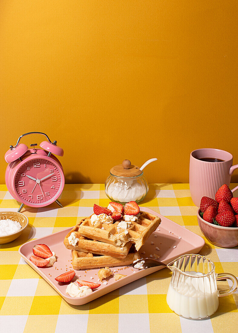 A cozy morning setup featuring a plate of Belgian waffles adorned with cream and strawberries, alongside a pink alarm clock, coffee mug, sugar bowl, and a jug of milk, arranged on a yellow checked tablecloth