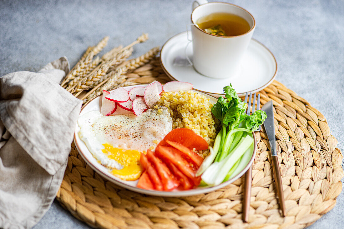 Ein nahrhaftes Mittagessen mit frischem Bio-Gemüse, darunter rötliches Gemüse, Tomaten und Selleriestangen, begleitet von einem Spiegelei und Bulgur-Getreide, serviert mit einer Tasse duftendem Tee.