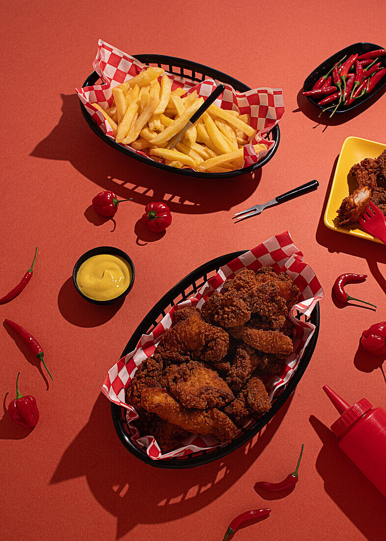 Gebratenes Hähnchen und Pommes frites, die in Körben serviert werden, begleitet von roten Chilischoten und Soßenbehältern, angeordnet auf einem leuchtend roten Hintergrund für einen auffälligen visuellen Kontrast