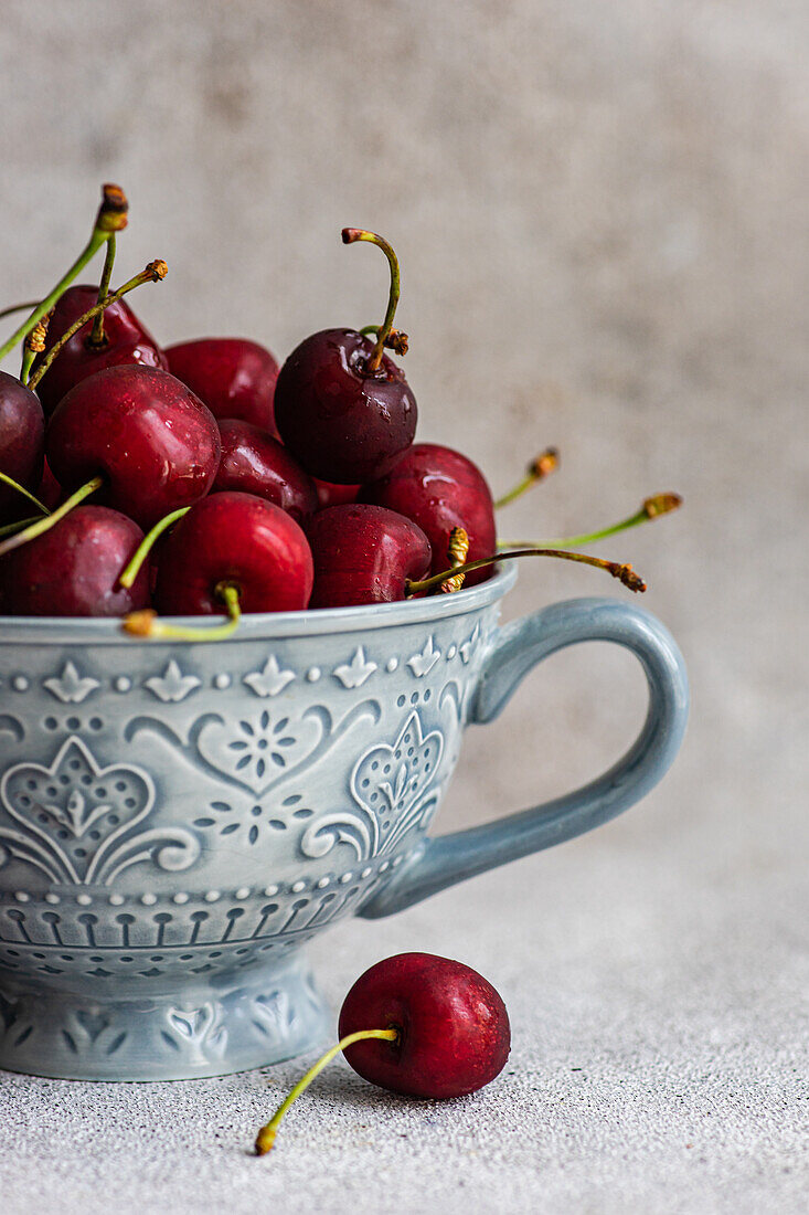 Frisch gewaschene rote Kirschen in einer verschnörkelten blauen Keramikschüssel, eine Kirsche liegt außen, vor einem strukturierten grauen Hintergrund.