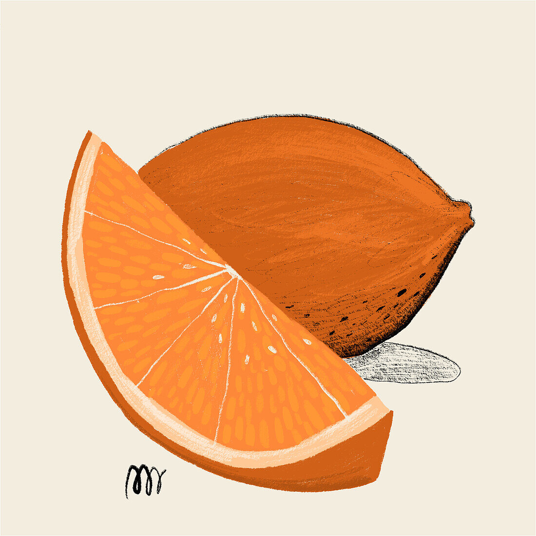 An illustrated orange slice sits beside its textured peel, showcasing vibrant orange hues and a detailed, artistic rendering against a neutral background.