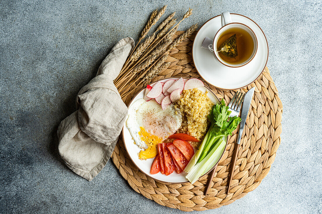 A well-balanced lunch featuring fresh radishes, tomato, celery, a fried egg, and bulgur cereal, accompanied by a warm cup of tea, presented on a wicker placemat.