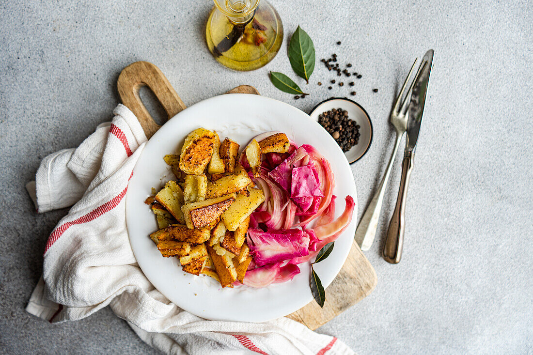 Plate of vibrant fermented cabbage mixed with beetroot, spicy red pepper, and garlic, served next to roasted potatoes.