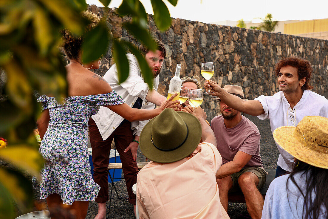 A diverse group of friends share a toast with wine glasses at an outdoor BBQ. The scene captures a moment of joy and celebration among a multiracial group, which includes Caucasian and Hispanic individuals