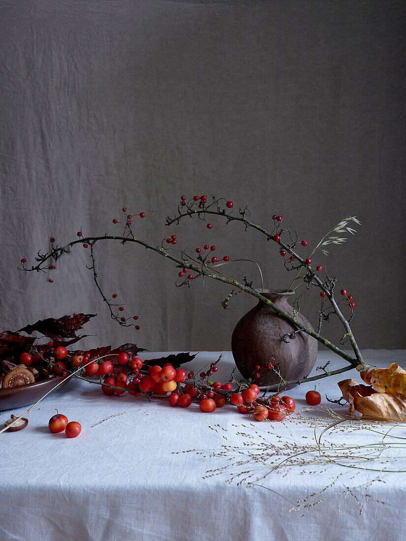 A moody and artistic still life arrangement featuring tiny red crab apples, shiitake mushrooms, and an intriguing vase. Set against a grey draped backdrop, this image captures the essence of autumn.