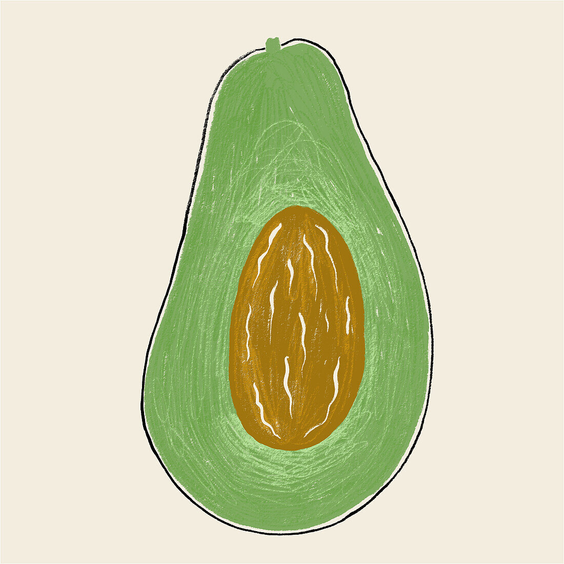 Illustration of a halved avocado showing the creamy flesh and large brown seed, on a beige background.