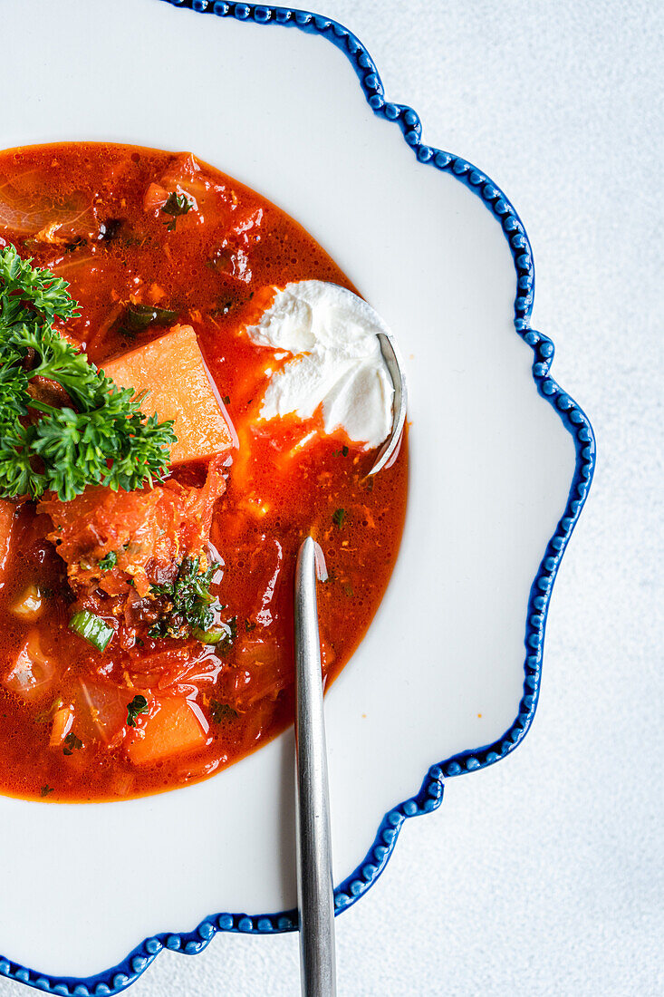 A vibrant bowl of traditional Ukrainian borscht, featuring beetroot, meat, and a dollop of sour cream, garnished with parsley