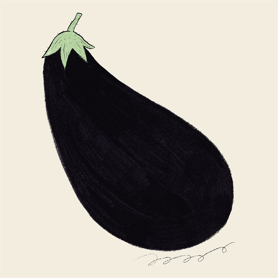 Eine detaillierte handgezeichnete Illustration einer reifen Aubergine mit grüner Spitze auf einem strukturierten Hintergrund.