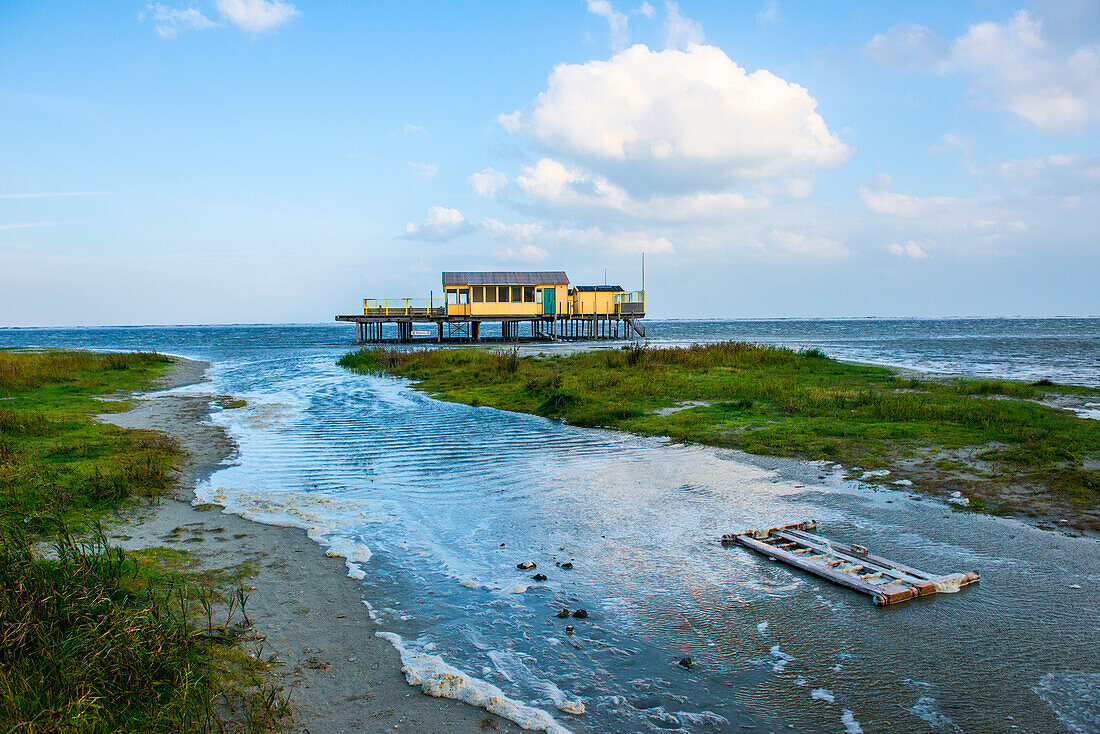 Ein hölzernes, erhöhtes Strandhaus am Nordstrand / Noorderstrand auf der Insel Schiermonnikoog, wird von Kitern, Surfern und anderen Wassersportlern als Basis genutzt. Wattenmeer, Groningen, Niederlande.