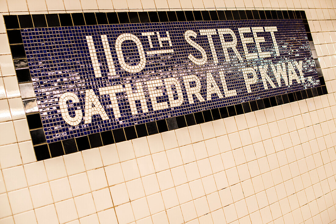 New York City, USA. Name sign of 110th St Cathedral Parkway Subway Station.