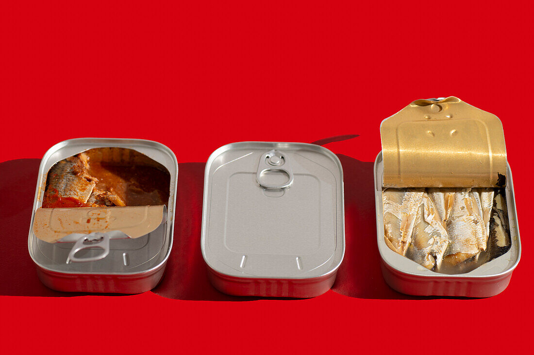 Three Tins of Sardines on a red background