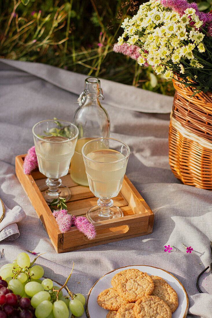 Sommerpicknick mit bewölktem Lemonat, Weintrauben und Keksen auf einer Decke