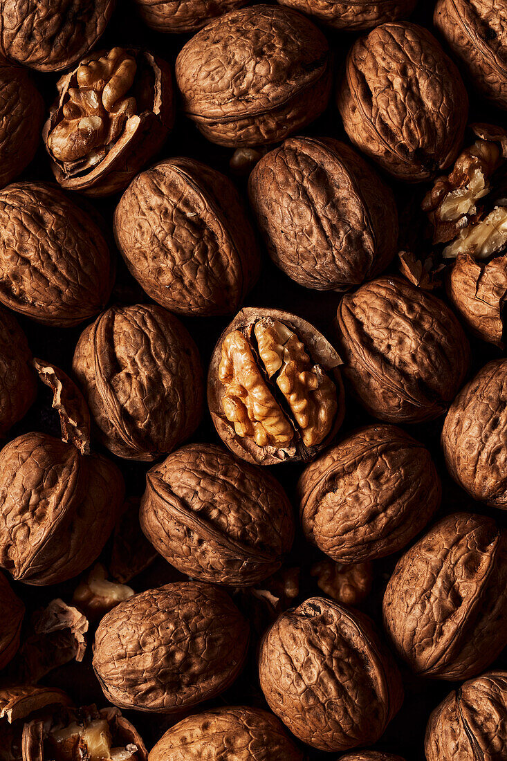 Walnuts in close-up from above