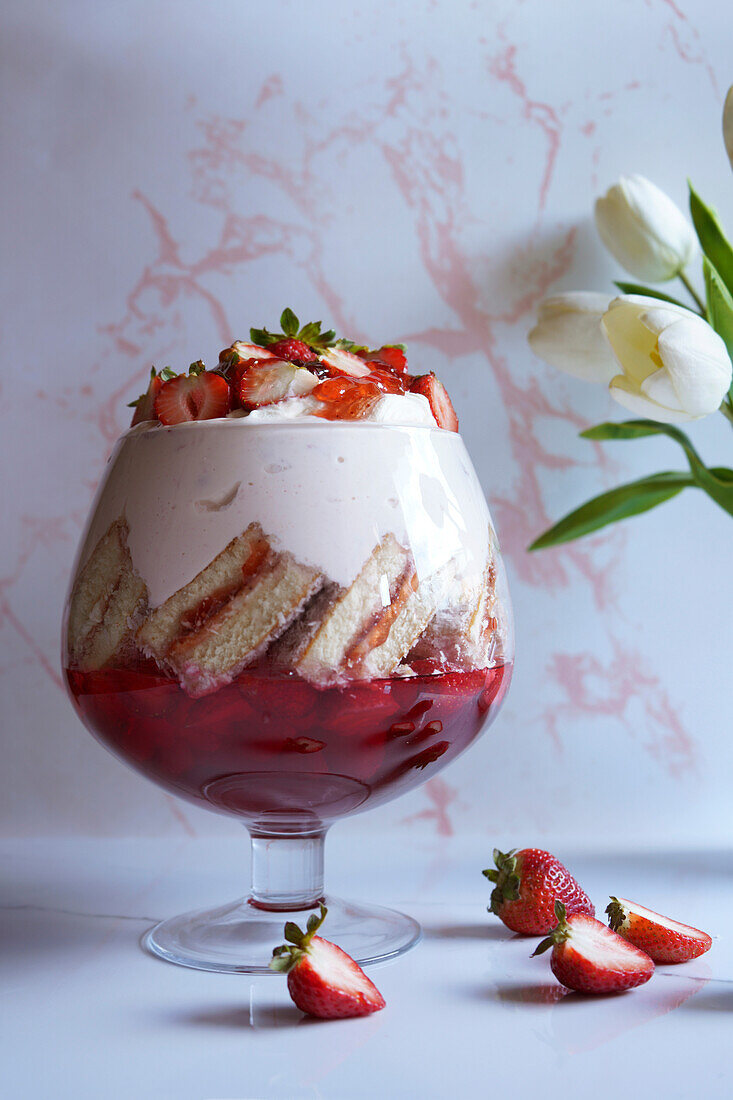 Rosa Lamington-Torte und Erdbeer-Joghurt-Gelee-Schicht-Trifle-Dessert.